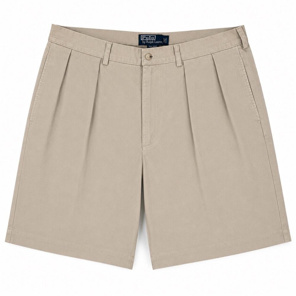 Polo Ralph Lauren Tyler Short Mens 35 Khaki Tan Pleated Chino Cotton Y2K Casual